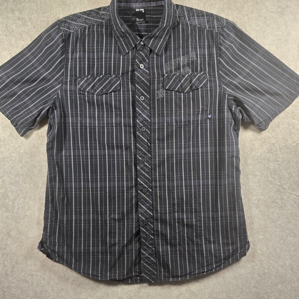 Zoo York Mens XL Short Sleeve Button Up Shirt Blk/Grey Stripe Skate Logo Cotton
